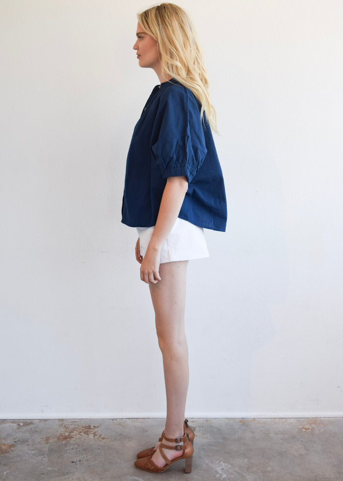 Elastic Sleeve Top Navy Woven