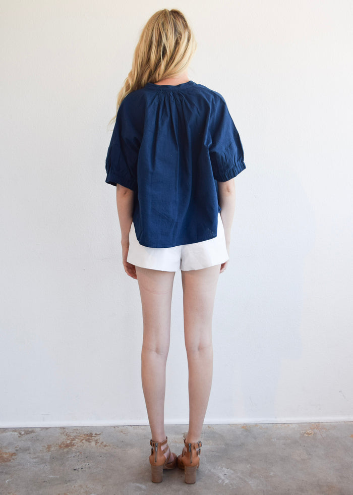 Elastic Sleeve Top Navy Woven