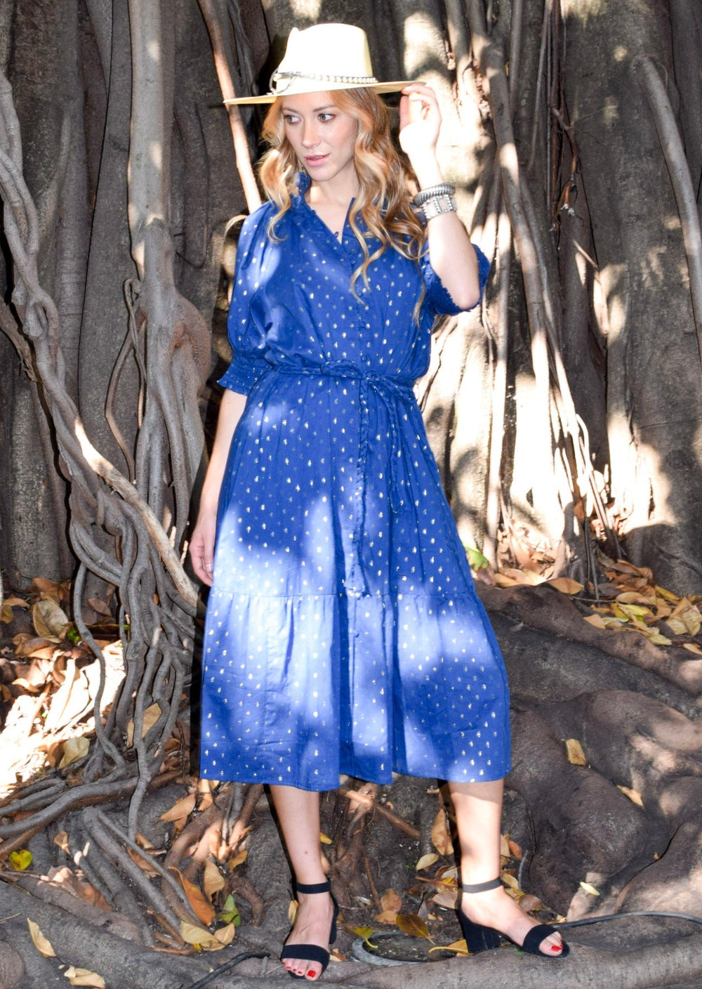 Gathered Neck Button Down Dress Navy Metallic Dot