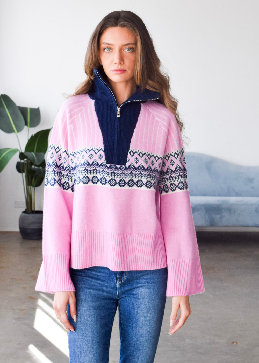 Fair Isle Zip Neck Sweater Pink