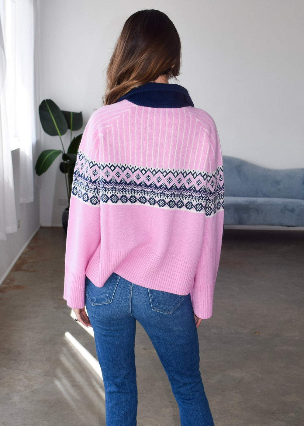 Fair Isle Zip Neck Sweater Pink