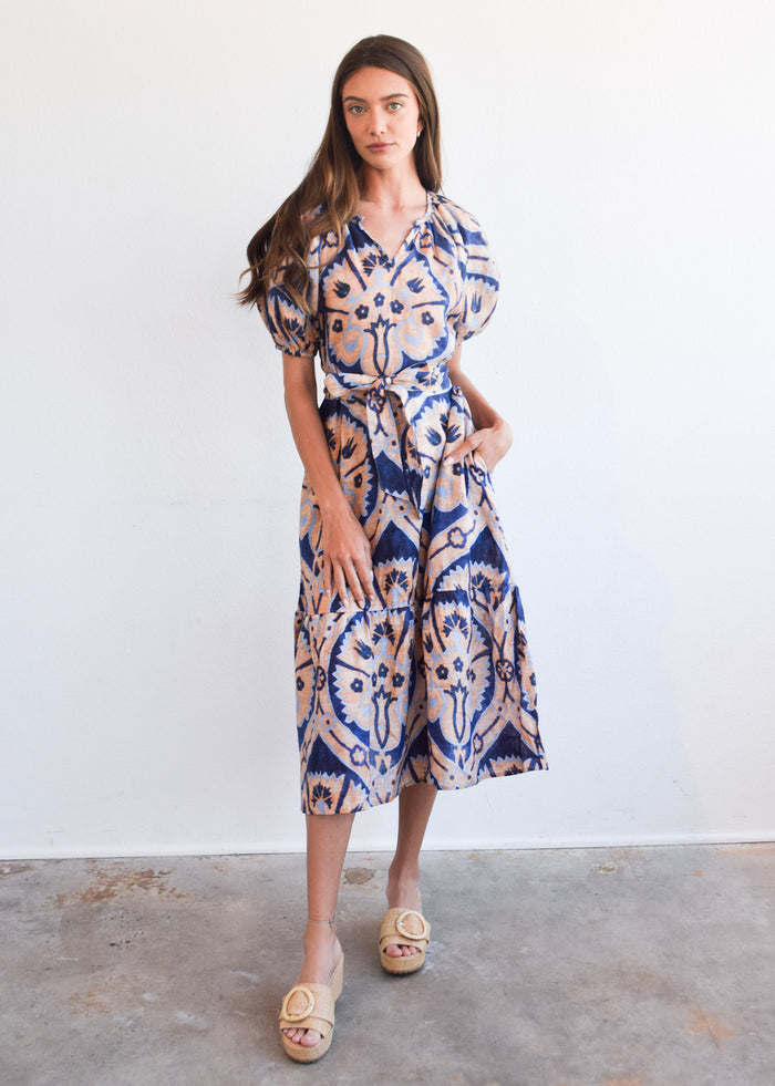 Ruffle Gathered V-Neck Dress Marakesh Medallion