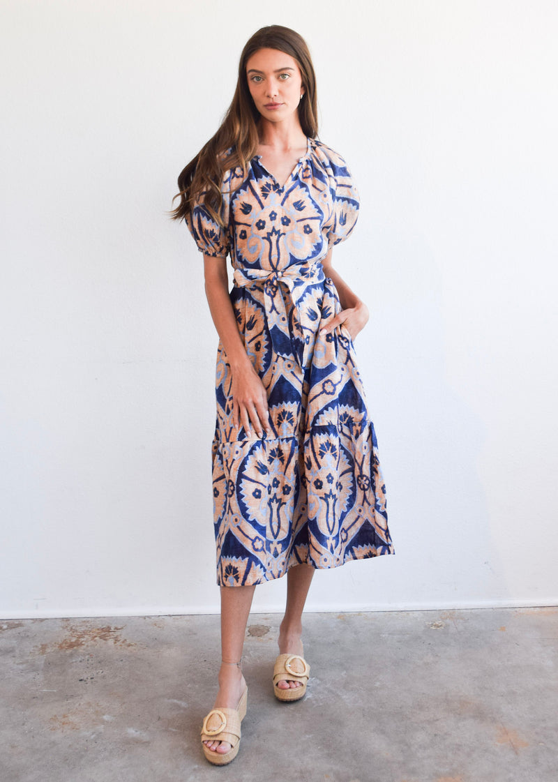 Ruffle Gathered V-Neck Dress Marakesh Medallion