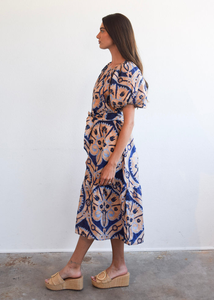 Ruffle Gathered V-Neck Dress Marakesh Medallion