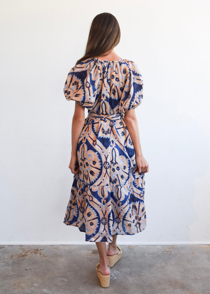 Ruffle Gathered V-Neck Dress Marakesh Medallion