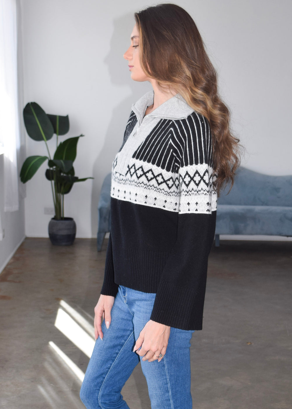 Fair Isle Zip Neck Sweater Black