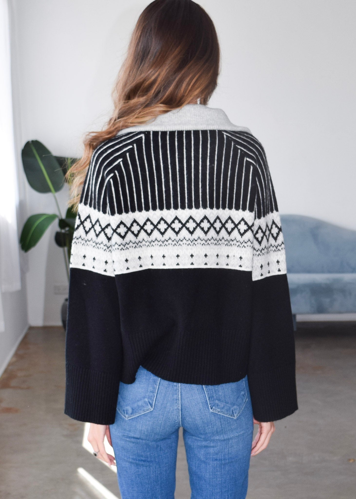 Never A Wallflower | Fair Isle Zip Neck Sweater Black