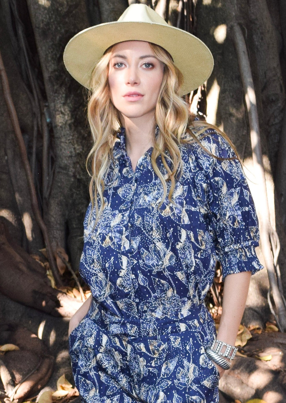 Gathered Neck Button Down Top Shibori Rose Navy