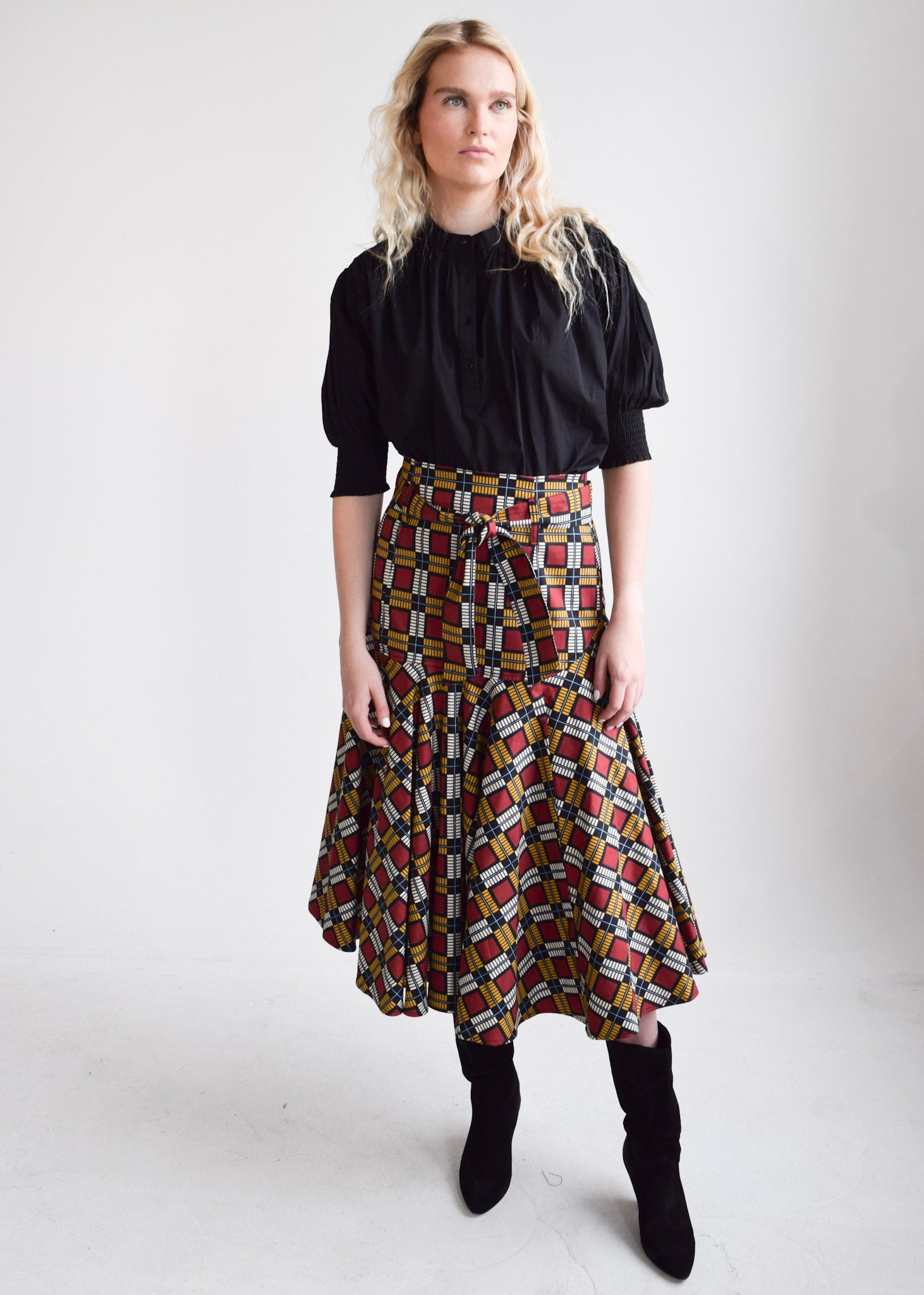 Never A Wallflower | Prairie Midi Skirt (Button Belt) Squares