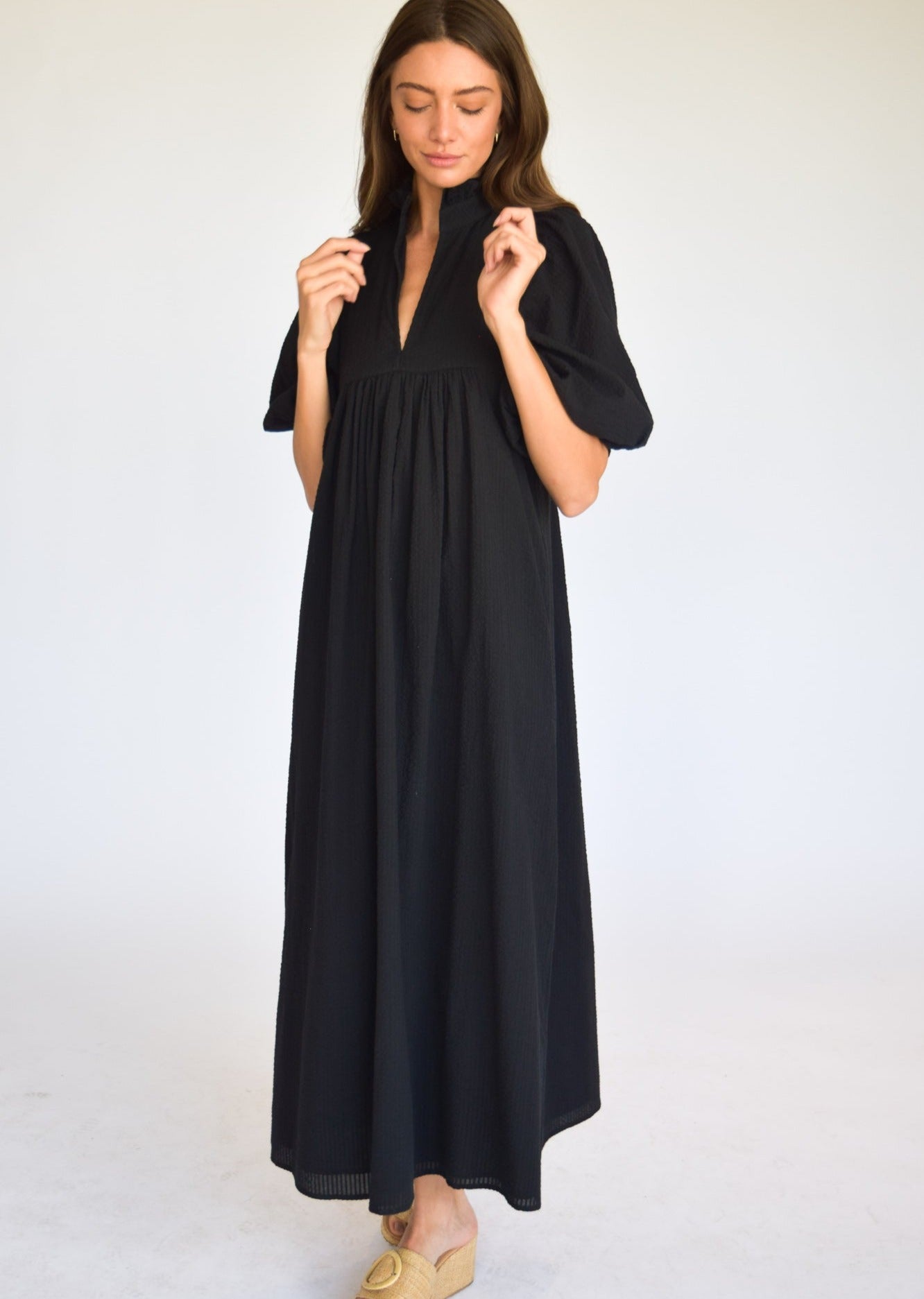 High Neck Midi Black Poplin