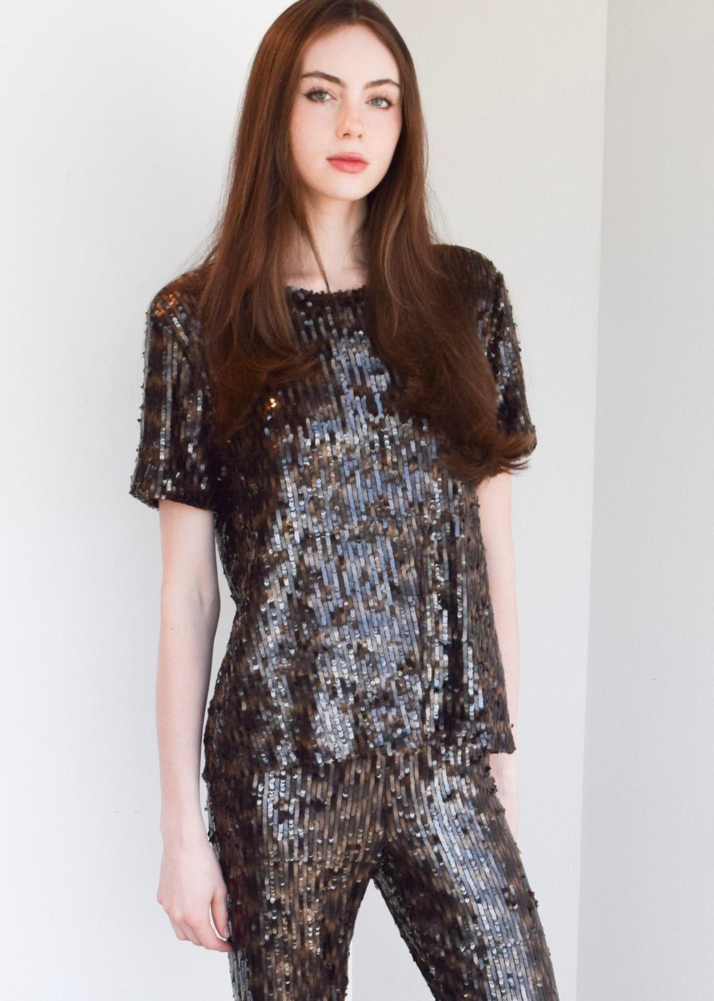 Jewel Neck T-Shirt Top Bronze Sequin