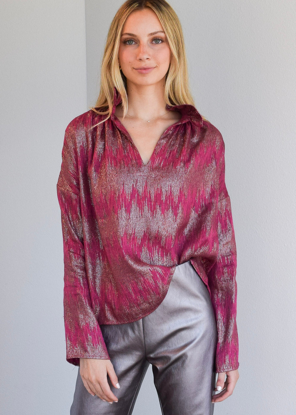 Vicki Long Sleeve Top Pink Sparkle Ikat