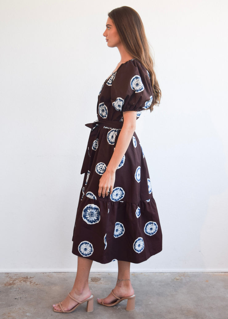 Gathered V-Neck Dress Blue and Brown Tie Dye