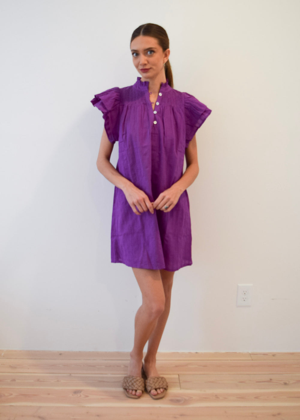 Smocked Short Dress Purple Pinstripe Solid