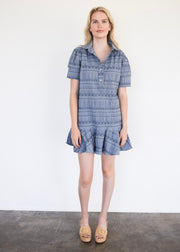 Everything Short Sleeve Dress with Ruffle Blue Floral Jacquard