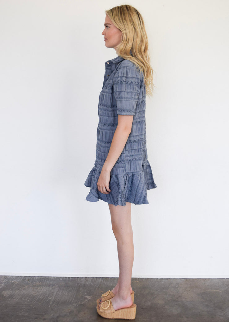 Everything Short Sleeve Dress with Ruffle Blue Floral Jacquard
