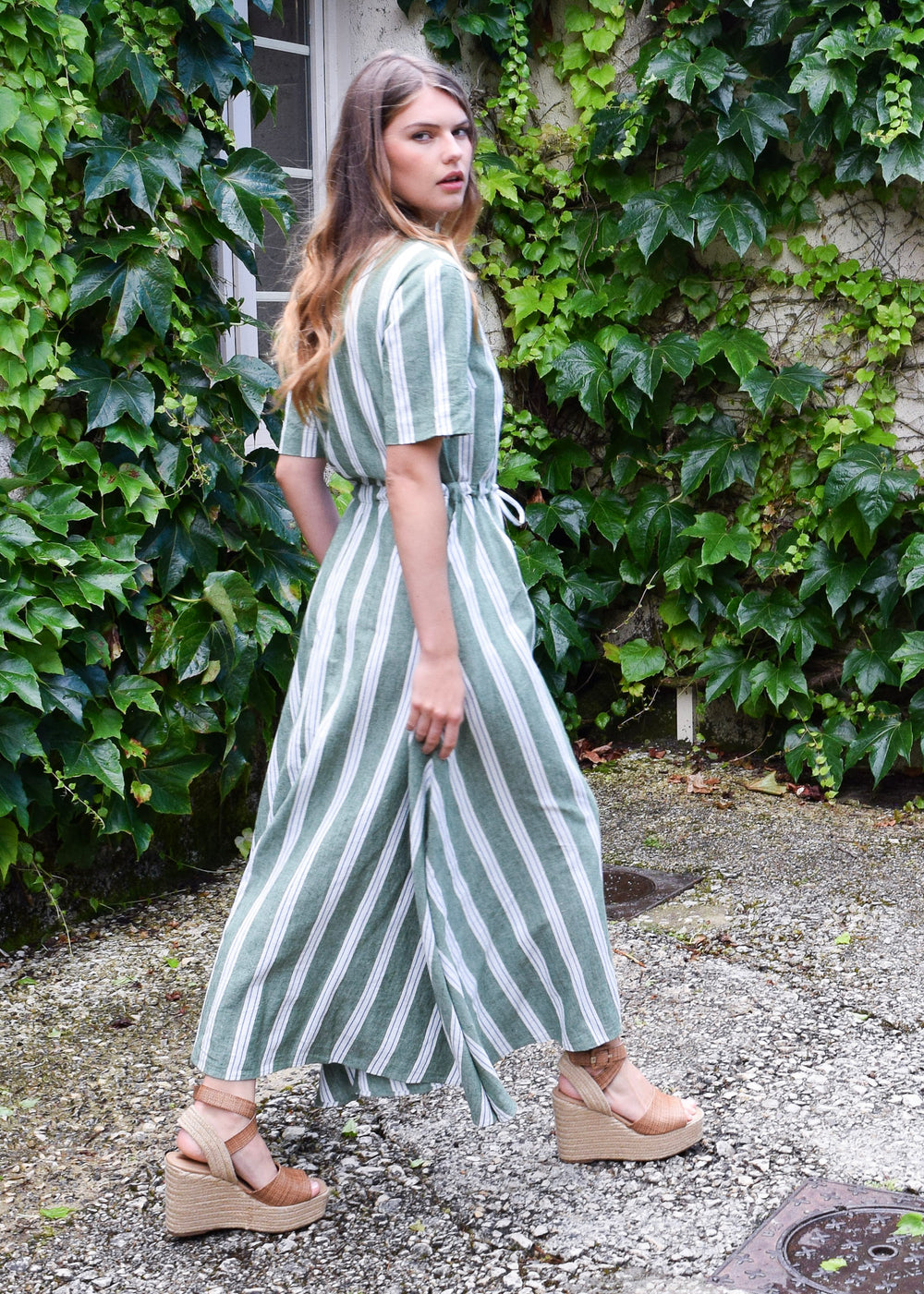 Kelli Short Sleeve Maxi Dress Green Stripe