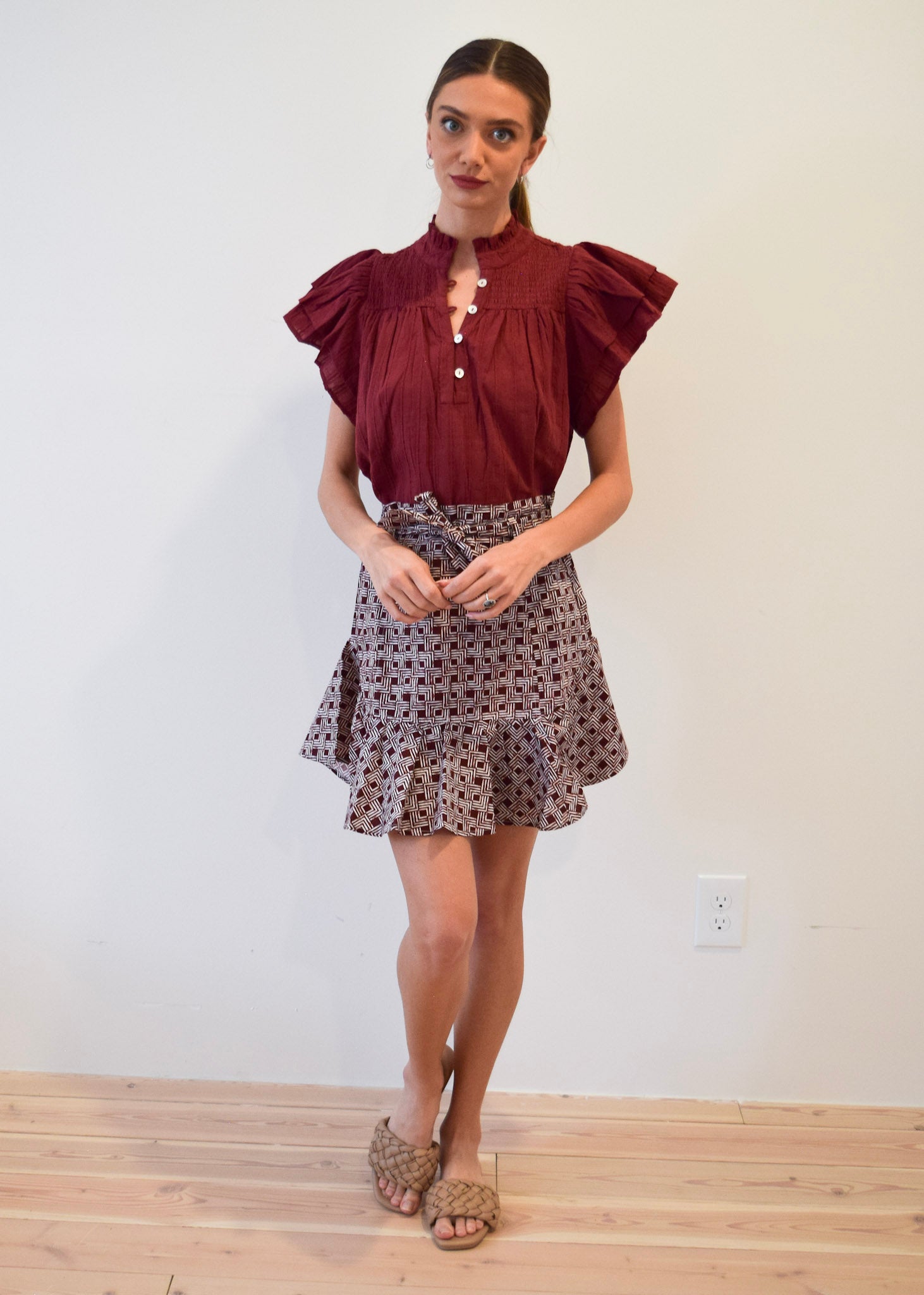 Smocked Top Burgundy Pinstripe Solid