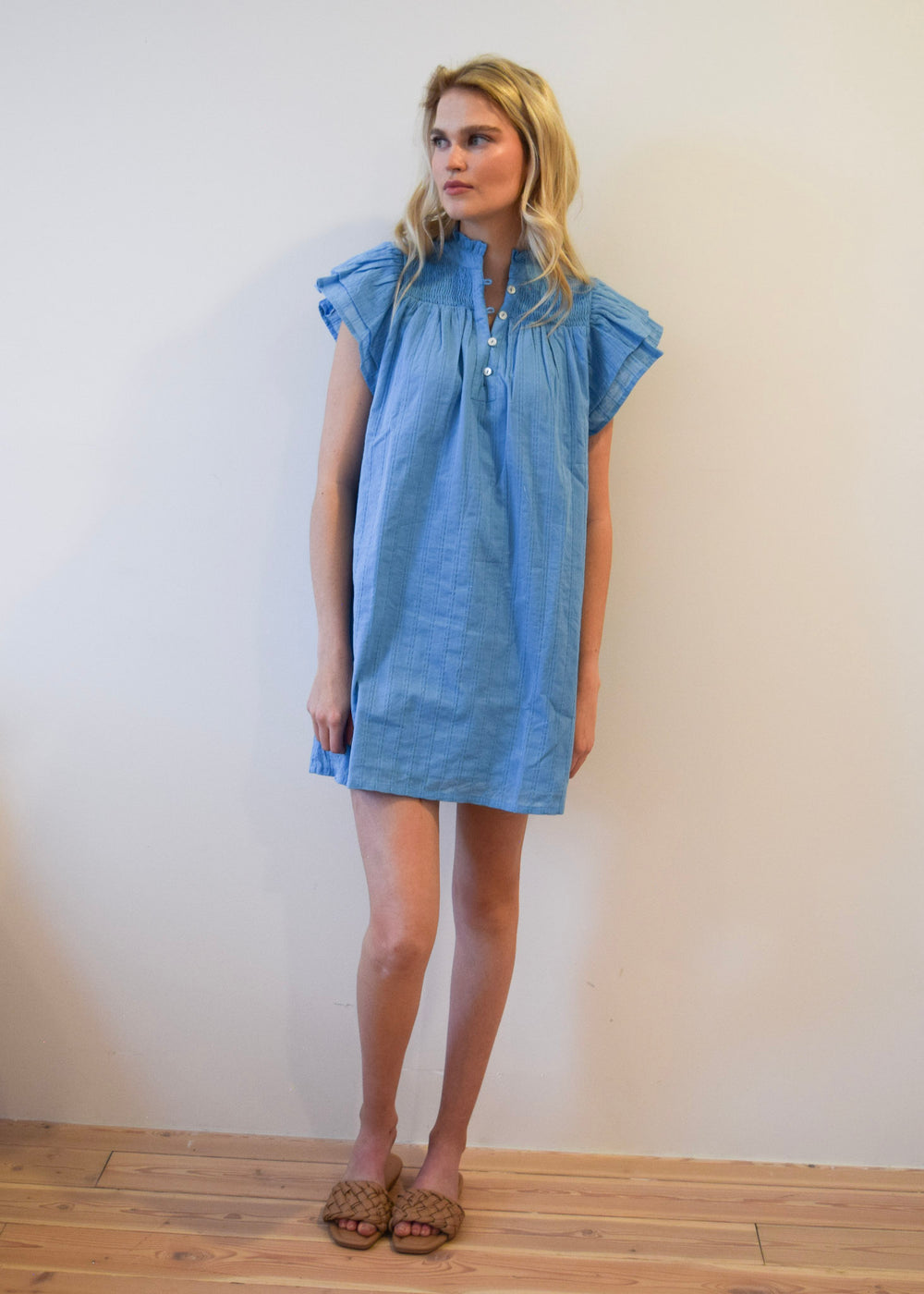 Smocked Short Dress Carolina Blue Pinstripe Solid