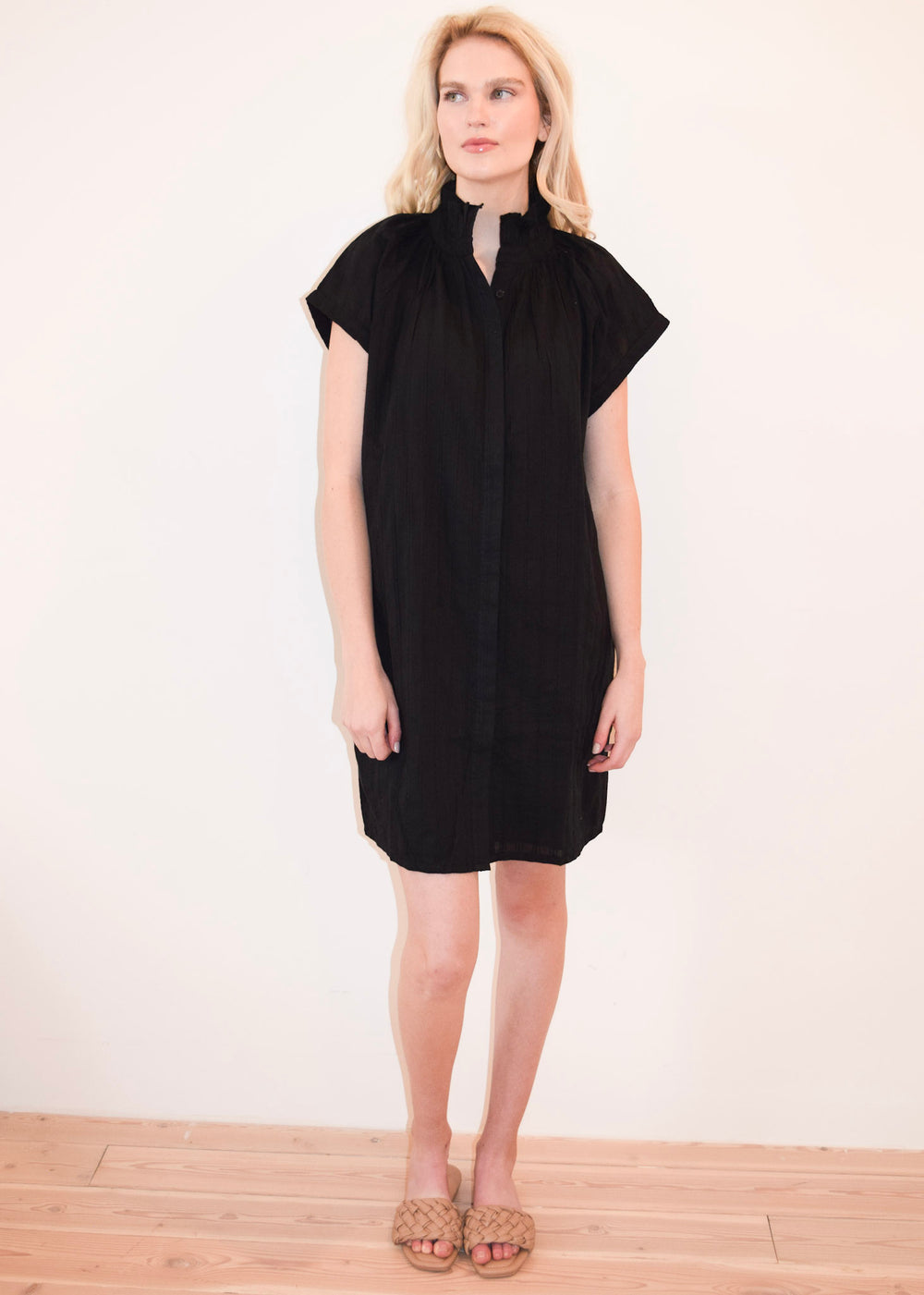 Vicki Button Down Dress Black Pinstripe Solid