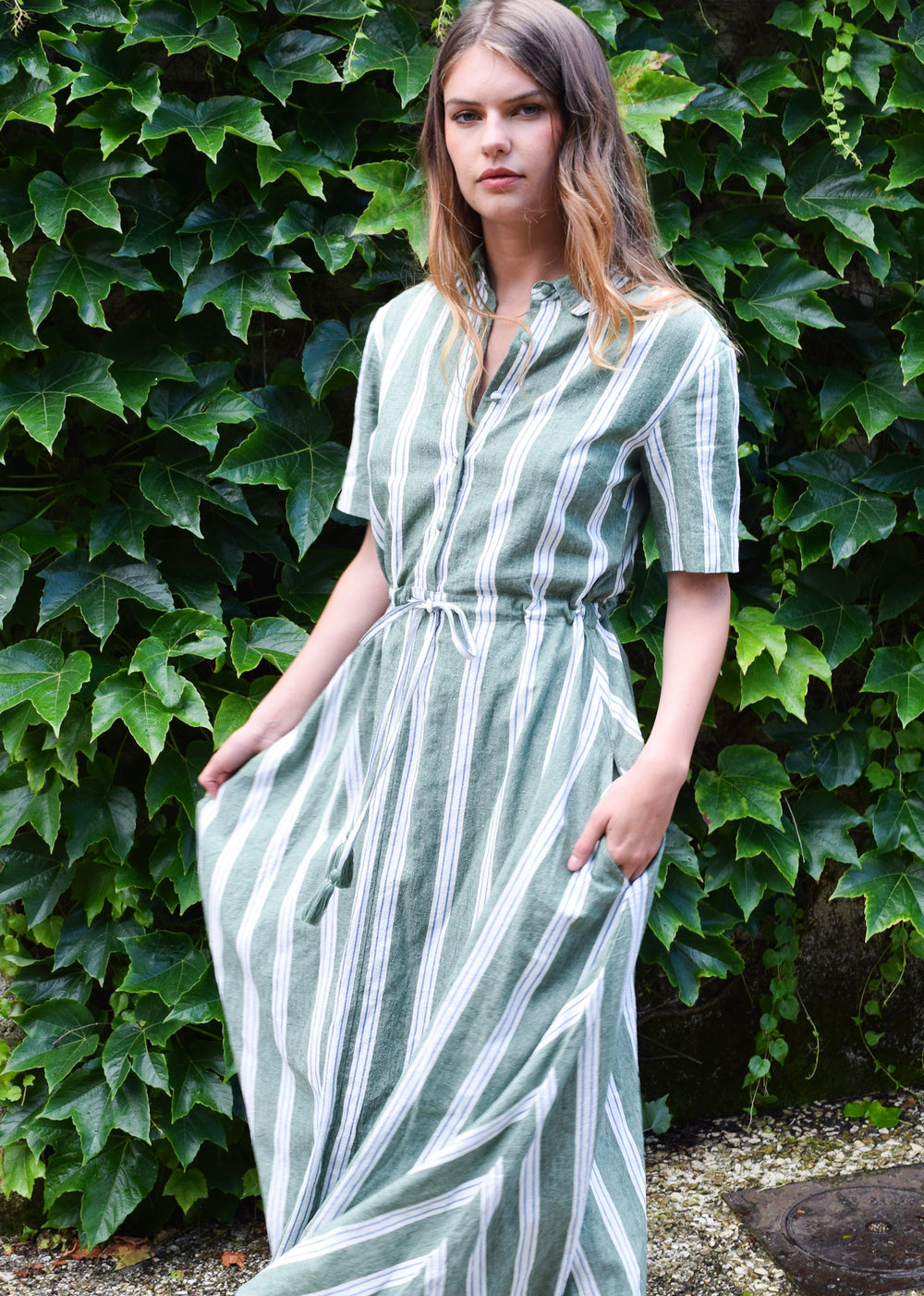 Kelli Short Sleeve Maxi Dress Green Stripe