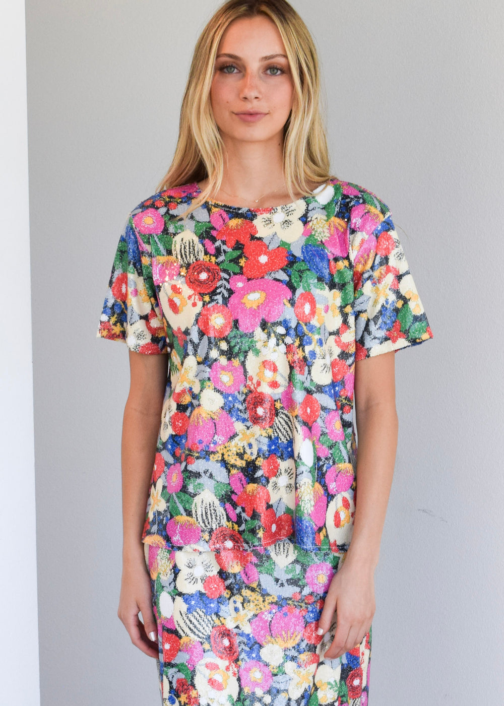 Jewel Neck T-Shirt Top Floral Sequin