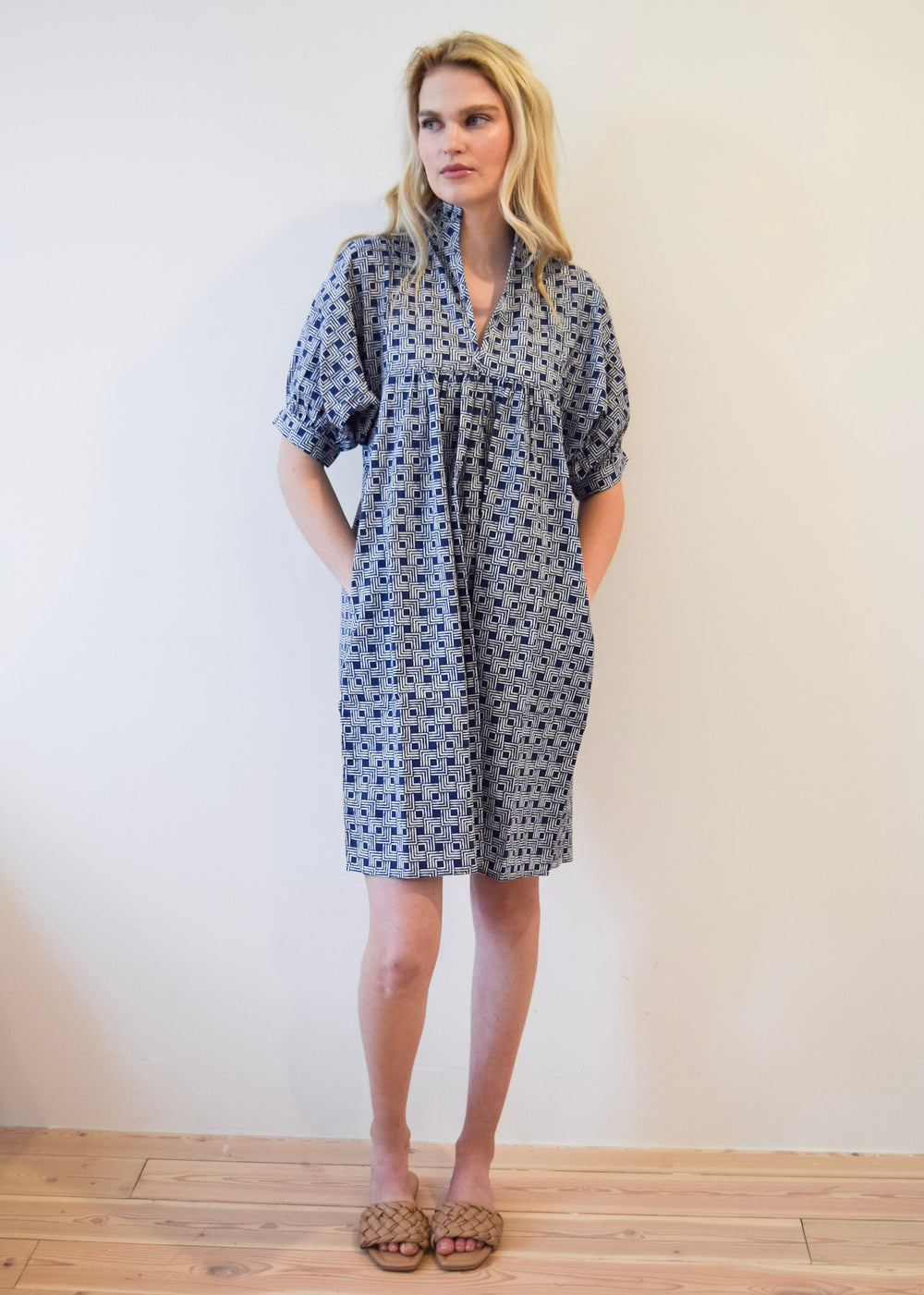 High Neck Dress Navy Squares