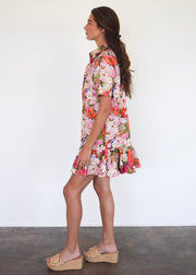 Everything Short Sleeve Dress with Ruffle Floral Twill