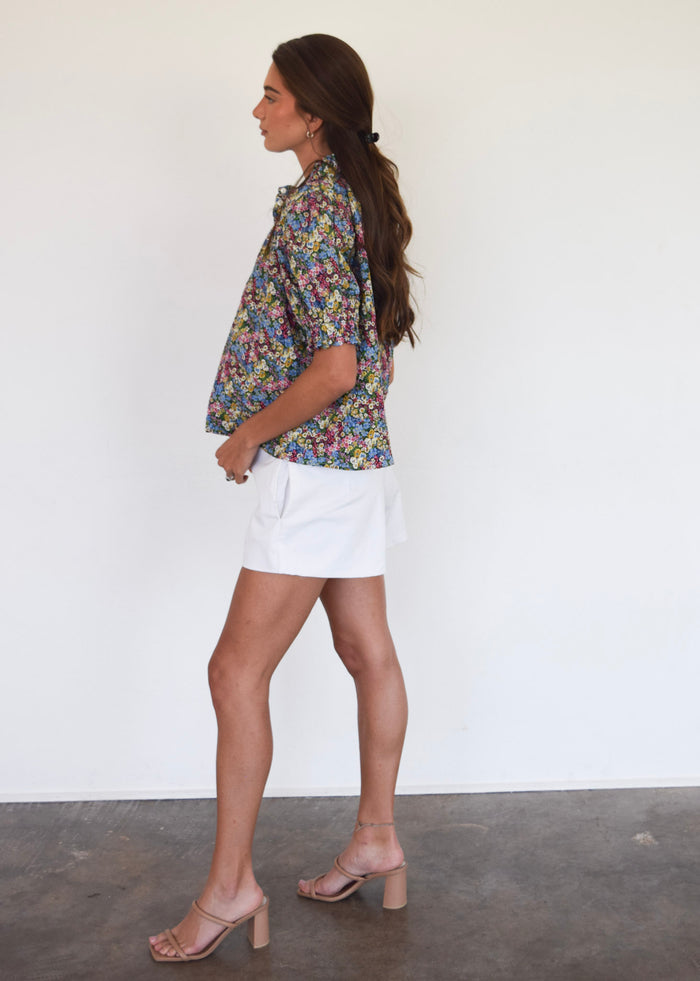 Short Sleeve Elastic Collar Top Mini Floral