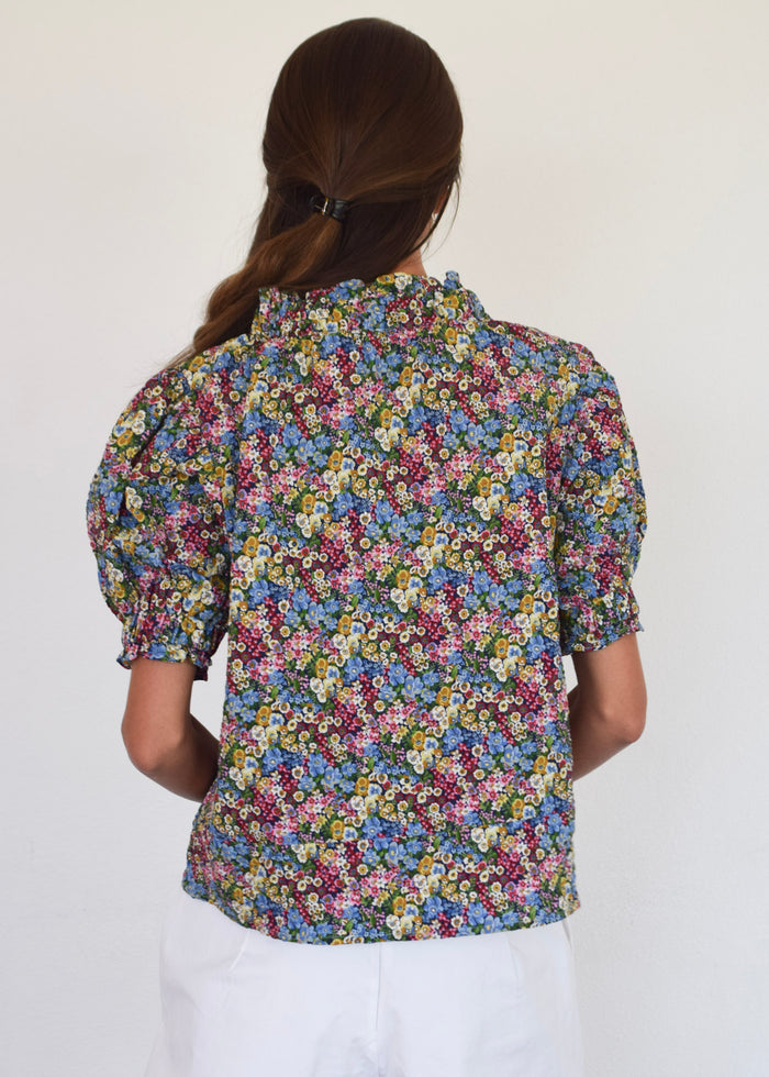 Short Sleeve Elastic Collar Top Mini Floral