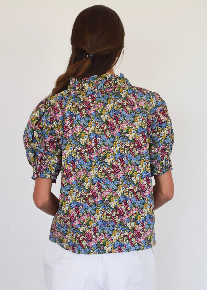 Short Sleeve Elastic Collar Top Mini Floral