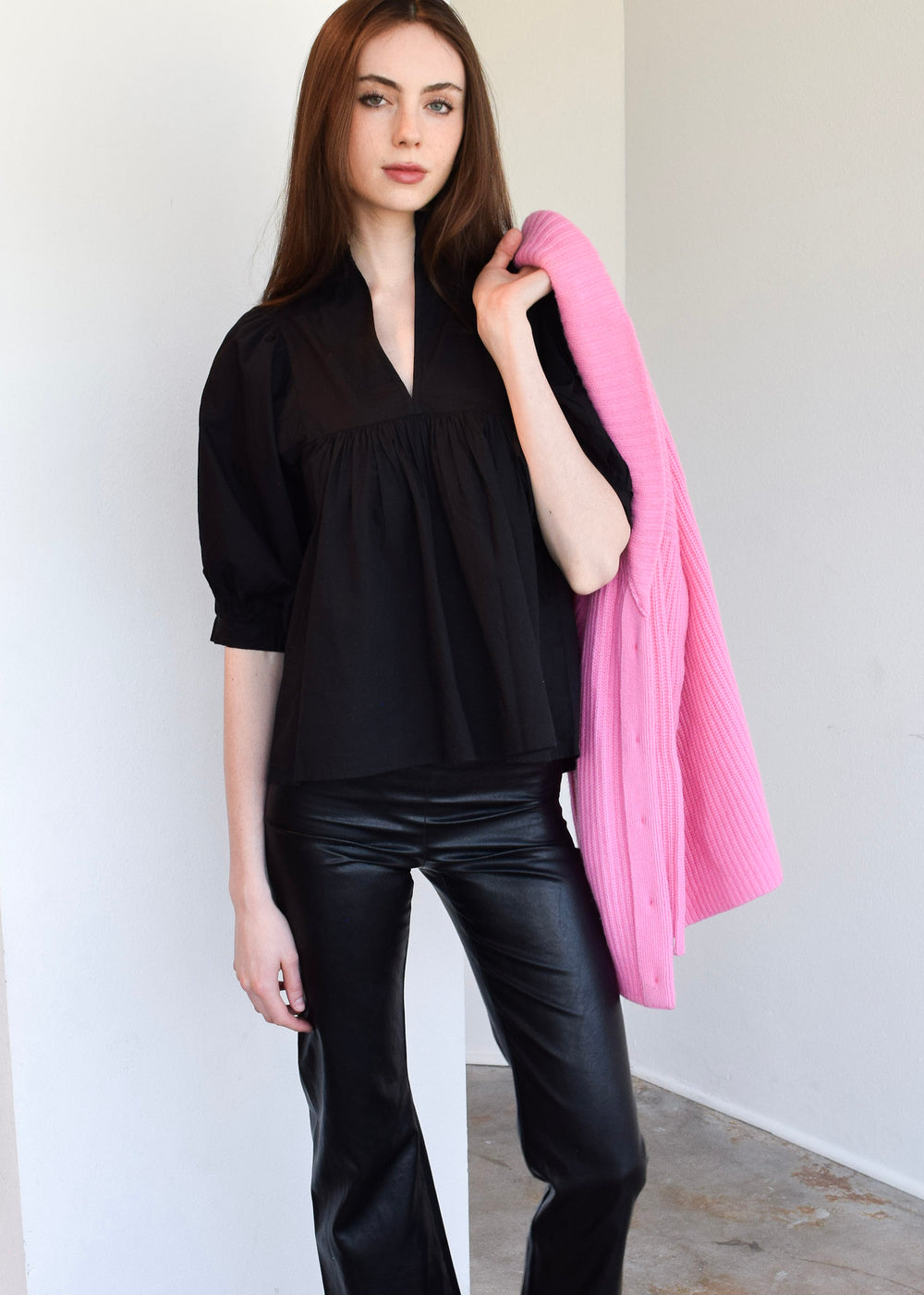 High Neck Top Black Poplin