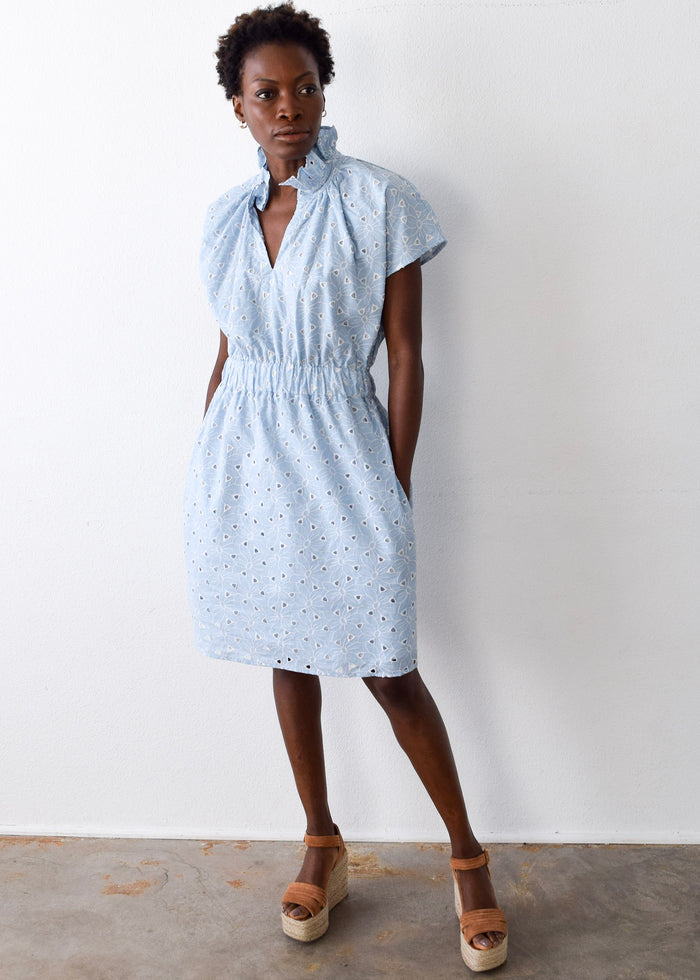 Vicki Short Sleeve Elastic Waist Dress Blue Eyelet