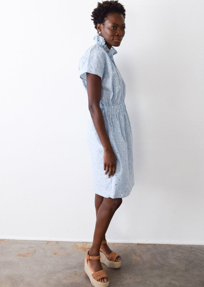 Vicki Short Sleeve Elastic Waist Dress Blue Eyelet