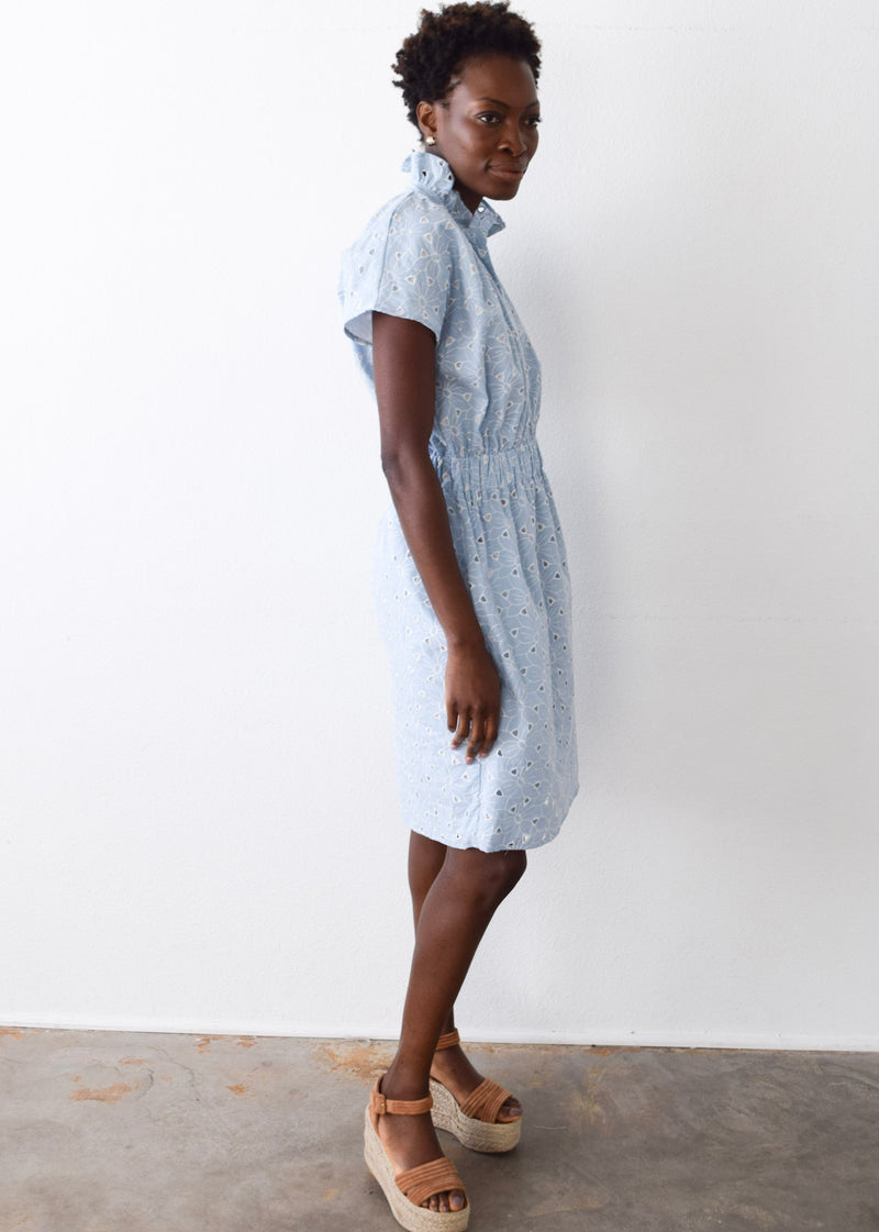 Vicki Short Sleeve Elastic Waist Dress Blue Eyelet
