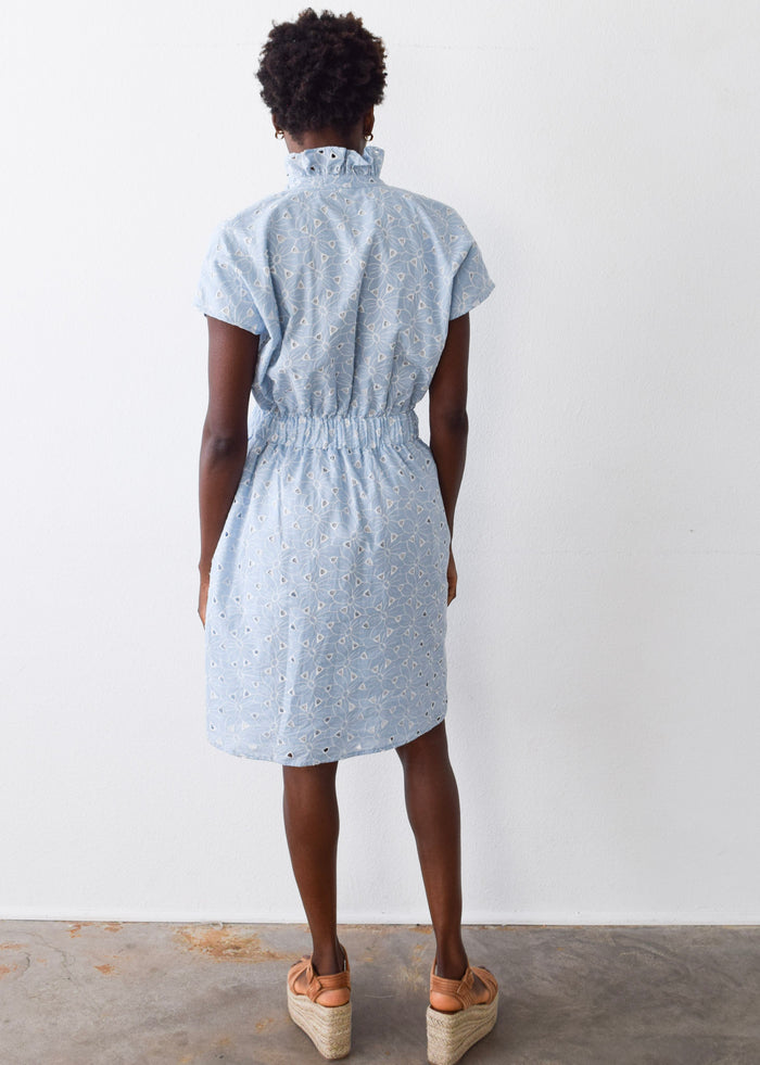 Vicki Short Sleeve Elastic Waist Dress Blue Eyelet