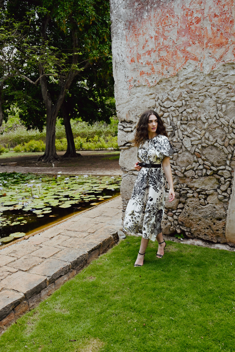 Gathered Neck Dress Floral Panel