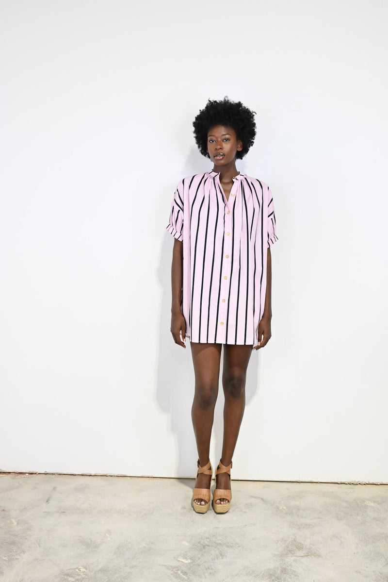 Elastic Sleeve Dress Pink Cabana Stripe