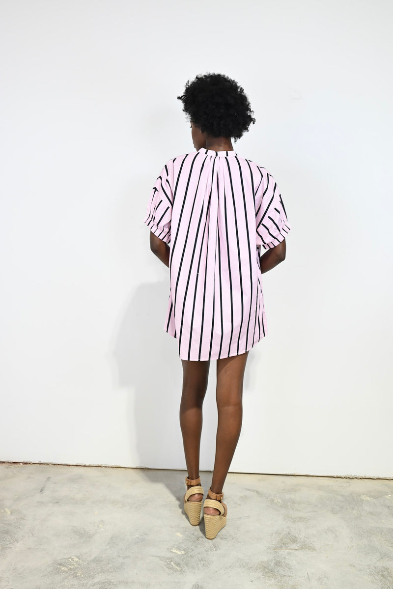 Elastic Sleeve Dress Pink Cabana Stripe