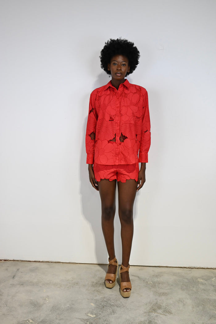 Boyfriend Shirt Red Cutout Floral