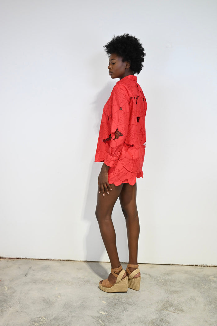 Boyfriend Shirt Red Cutout Floral