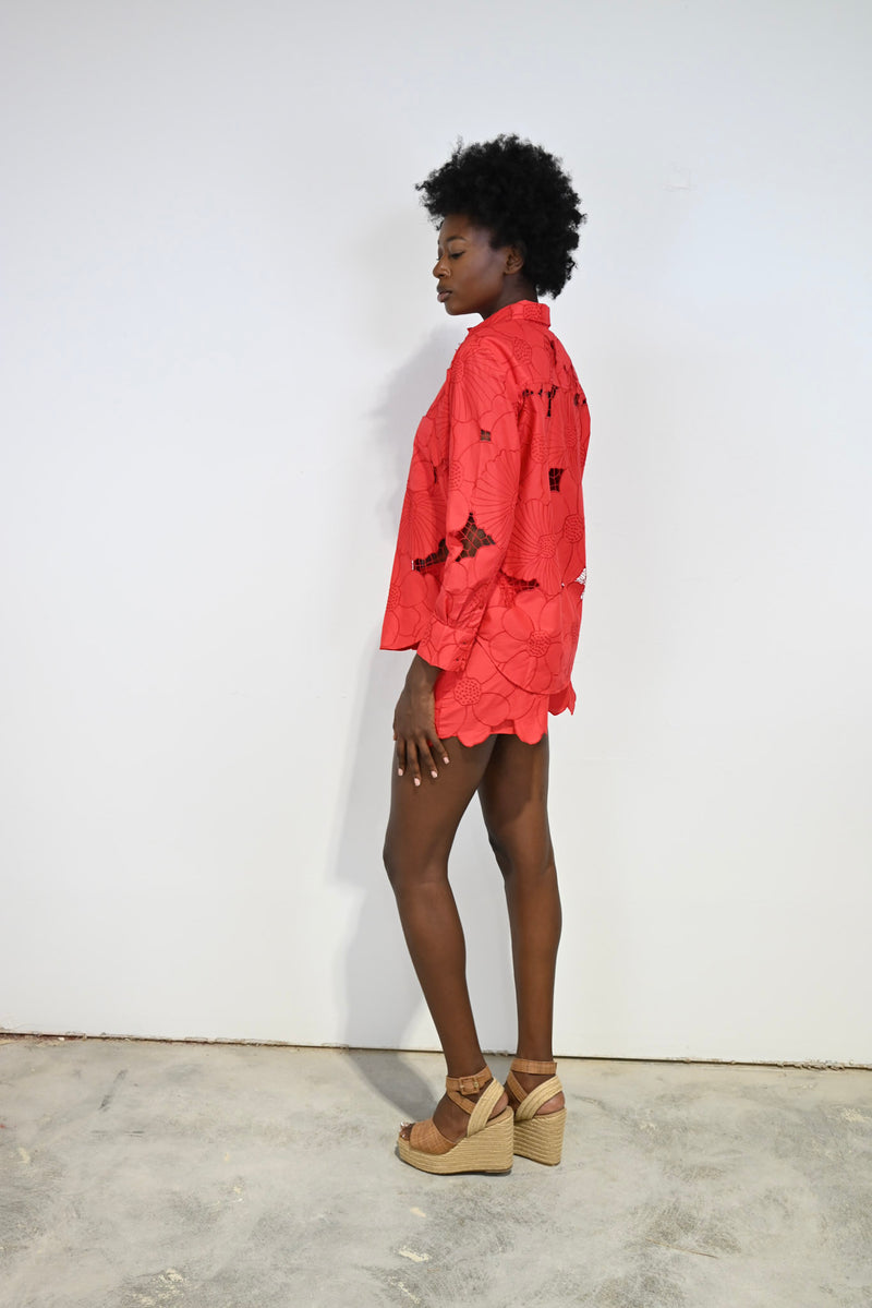 Boyfriend Shirt Red Cutout Floral