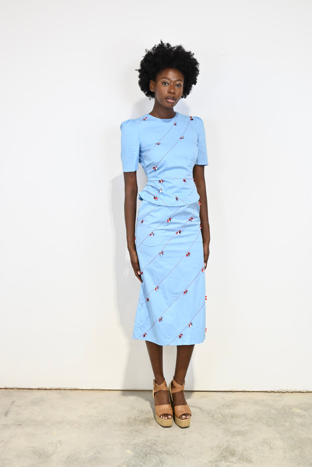 Blue Poppy Beaded Short Sleeve Top