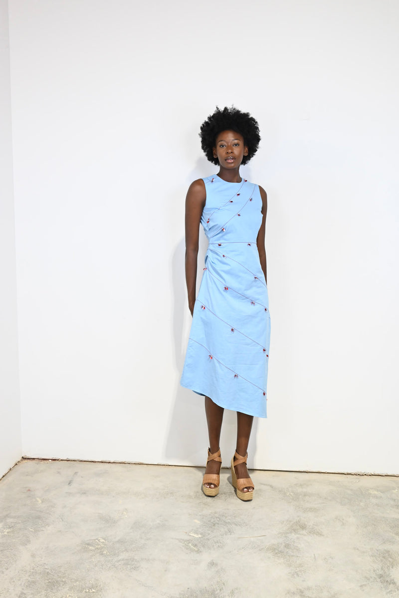 Blue Poppy Beaded Long Dress
