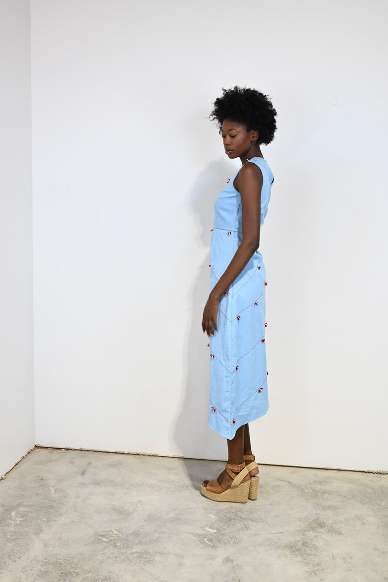 Blue Poppy Beaded Long Dress