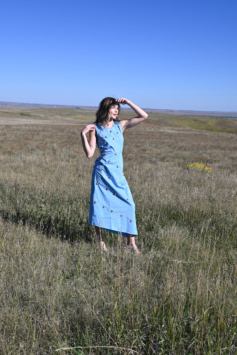 Blue Poppy Beaded Long Dress