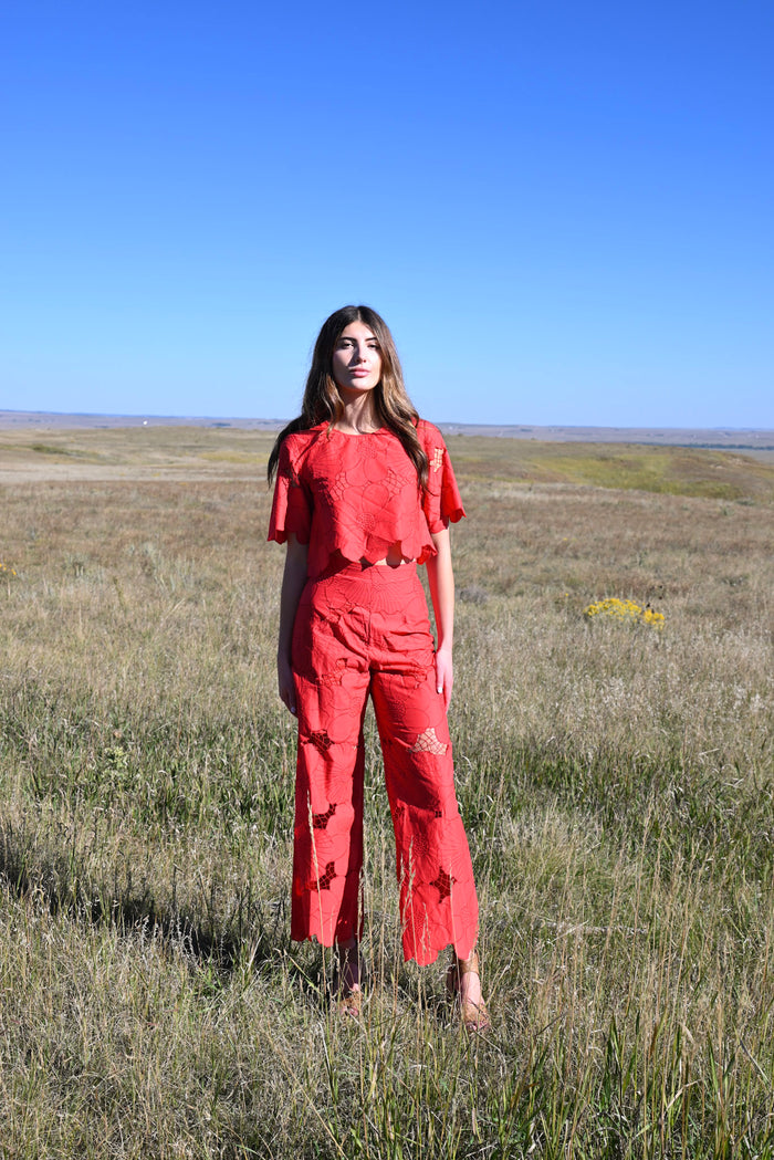 1/2 Sleeve Crop Red Lace