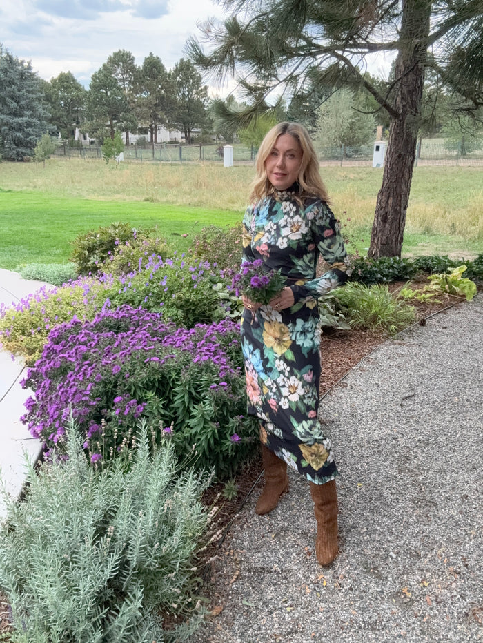 Knit Turtleneck Dress Green Floral