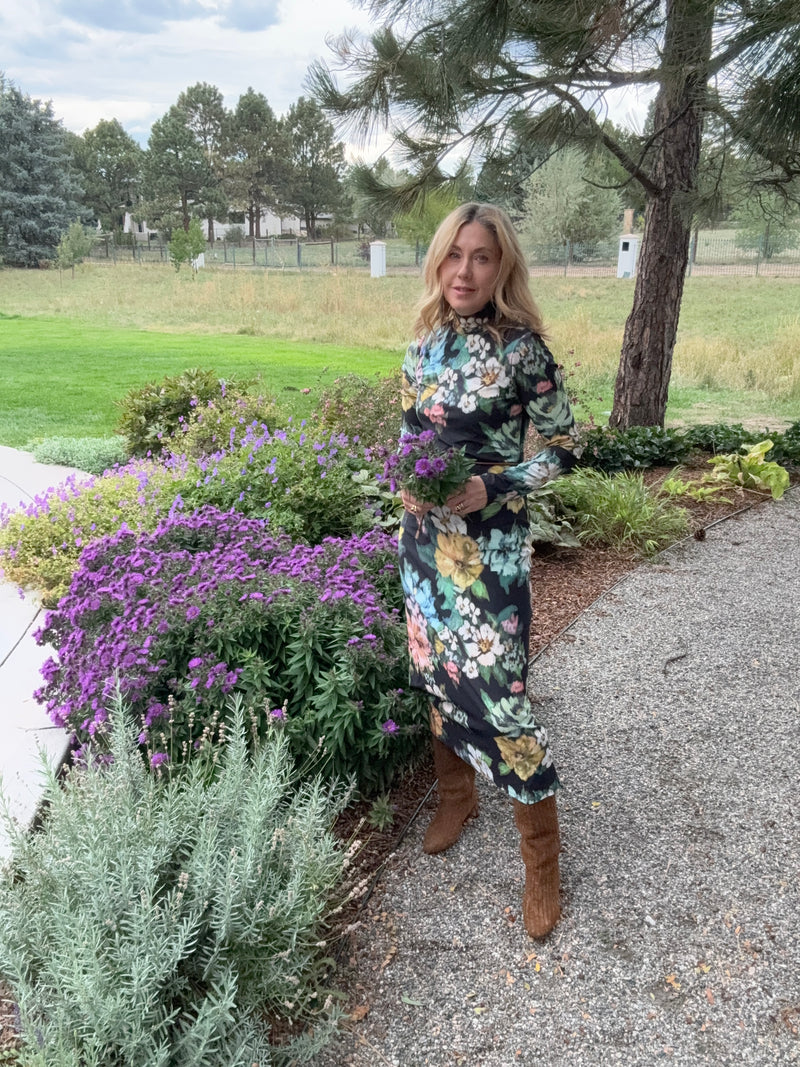 Knit Turtleneck Dress Green Floral