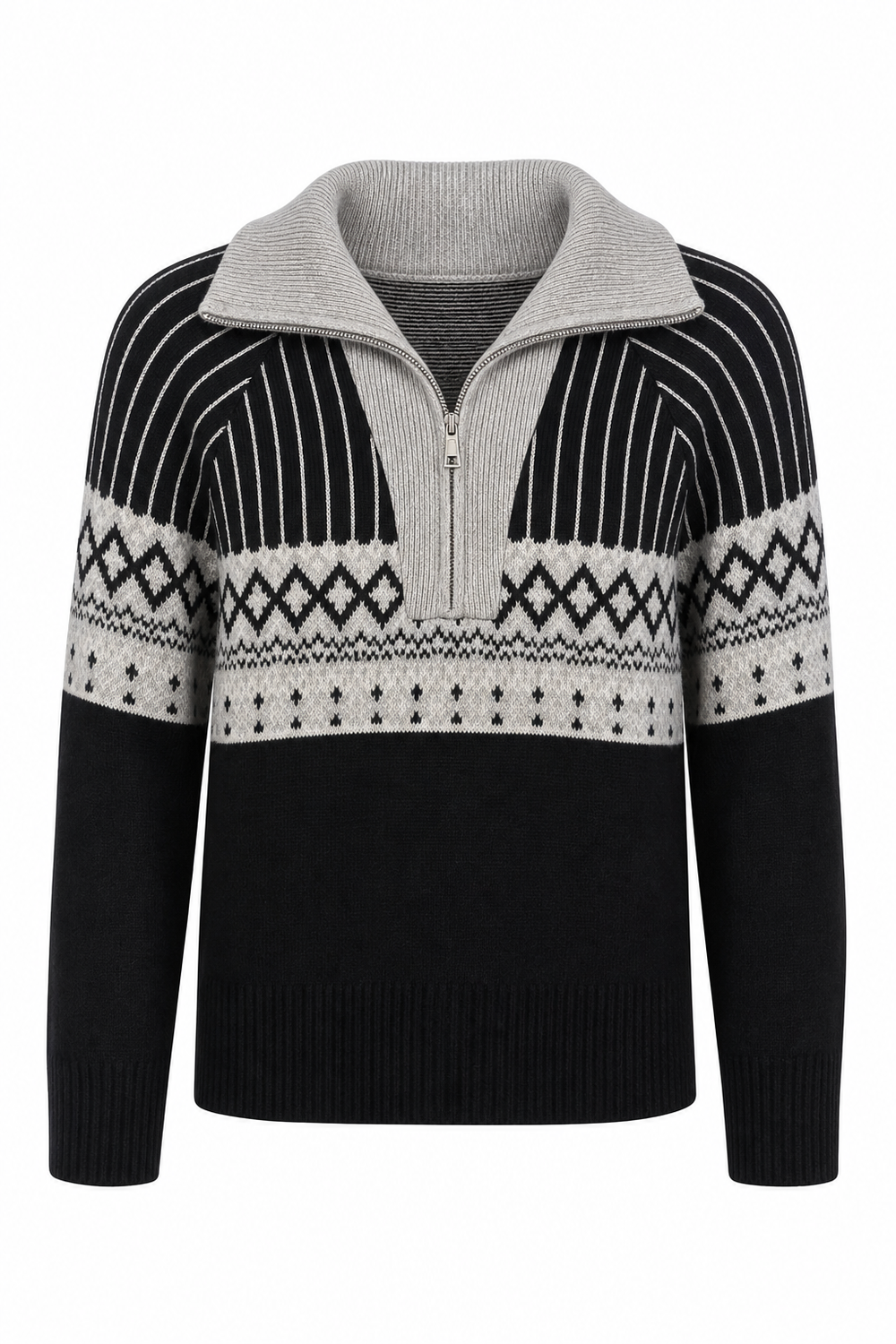 Fair Isle Zip Neck Sweater Black